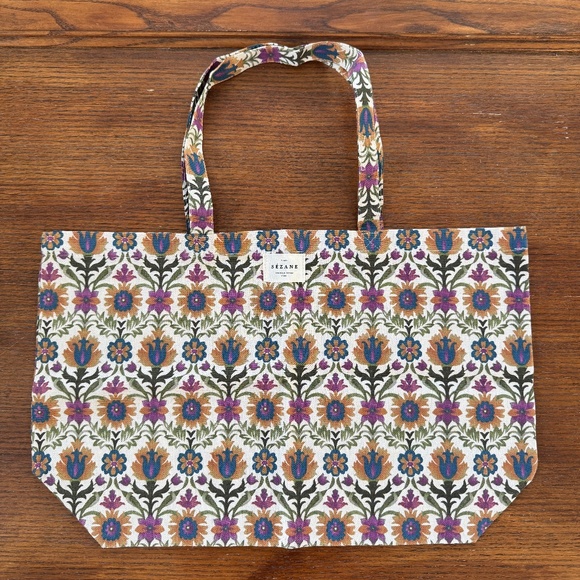 new Sézane floral mosaic pattern print cotton canvas tote bag limited edition - Picture 2 of 3